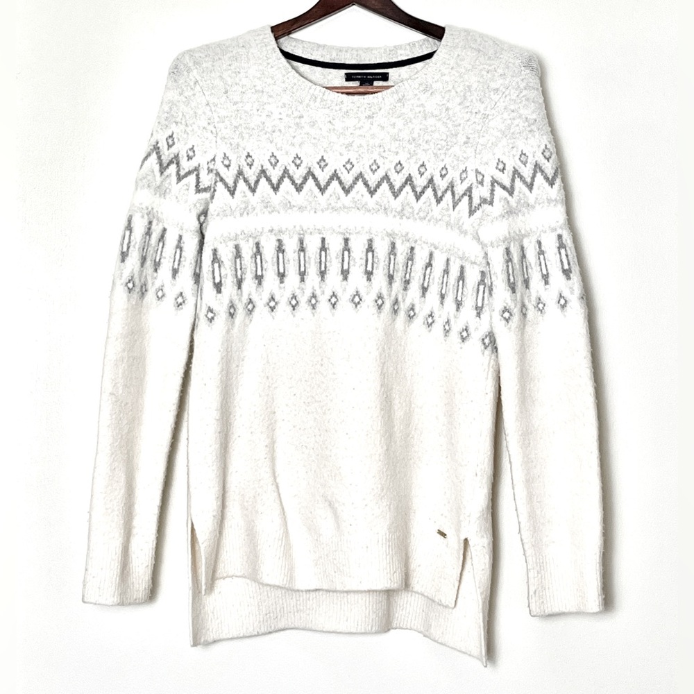 Tommy Hilfiger Sweater Women’s XS White Gray Fair Isle Knit‎ Wool Blend Winter